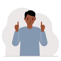 Joyful man, with two hands shows a thumbs up sign everything is okay. Make, consent, approval, success. Vector flat illustration