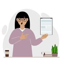 Screaming woman with open mouth holding a clipboard with a document and points his finger at it. Vector flat illustration