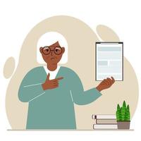 Sad grandmother holding a clipboard with a document and points his finger at it. Vector flat illustration