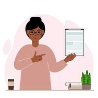 Contented woman holding a clipboard with a document and points his finger at it. Vector flat illustration