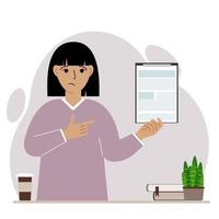 Sad woman holding a clipboard with a document and points his finger at it. Vector flat illustration