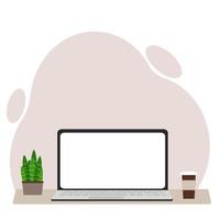 The desktop concept with the computer. Desktop with laptop coffee and plant. Vector flat illustration