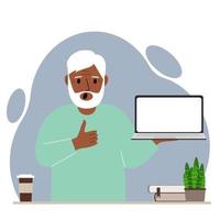 A grandfather holds a laptop computer on his hand and shows a thumbs up sign. Laptop computer technology concept. Vector flat illustration.