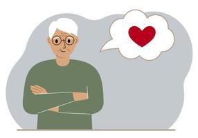 Happy grandfather thinks about love. In the balloon of thought is a red heart. Vector flat illustration