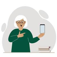 una abuela que grita sostiene un teléfono móvil en una mano y lo señala con el dedo índice de la otra mano. ilustración plana vectorial vector