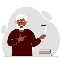 A screaming grandfather holds a mobile phone in one hand and points at it with the index finger of his other hand. Vector flat illustration