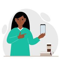 A sad woman holds a mobile phone in one hand and points at it with the index finger of his other hand. Vector flat illustration