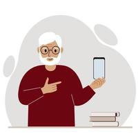 A happy grandfather holds a mobile phone in one hand and points at it with the index finger of his other hand. Vector flat illustration