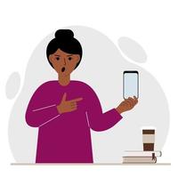 A screaming woman holds a mobile phone in one hand and points at it with the index finger of his other hand. Vector flat illustration