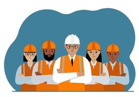 A team of sad construction workers in white and orange hard hats and orange vests. Engineer and builders. Vector flat illustration