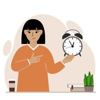 Modern concept of time management illustration. A sad woman holds an alarm clock in his hand and the second points to it. Vector flat illustration