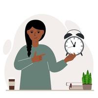 Modern concept of time management illustration. A smiling woman holds an alarm clock in his hand and the second points to it. Vector flat illustration