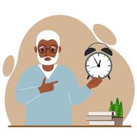 Modern concept of time management illustration. A sad grandfather holds an alarm clock in his hand and the second points to it. Vector flat illustration