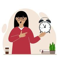 Modern concept of time management illustration. A screaming woman holds an alarm clock in his hand and the second points to it. Vector flat illustration