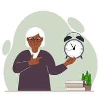 Modern concept of time management illustration. A sad grandmother holds an alarm clock in his hand and the second points to it. Vector flat illustration