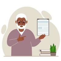 Sad grandfather holding a clipboard with a document and points his finger at it. Vector flat illustration