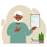 Contented man holding a clipboard with a document and points his finger at it. Vector flat illustration