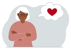 Sad grandmother thinks about love. In the balloon of thought is a red heart. Vector flat illustration