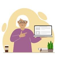 Happy grandmother holding a laptop computer with one hand and pointing at it with the other. Laptop computer technology concept. Vector flat illustration