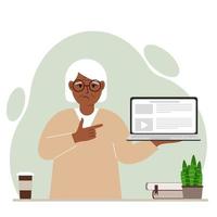 abuela triste sosteniendo una computadora portátil con una mano y señalándola con la otra. concepto de tecnología de computadora portátil. ilustración plana vectorial
