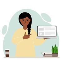 mujer feliz sosteniendo una computadora portátil con una mano y señalándola con la otra. concepto de tecnología de computadora portátil. ilustración plana vectorial vector