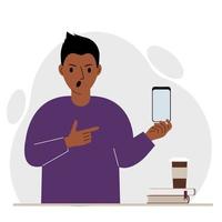 un hombre que grita sostiene un teléfono móvil en una mano y lo señala con el dedo índice de la otra mano. ilustración plana vectorial vector