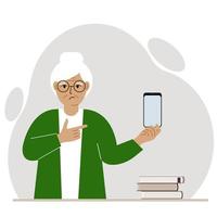 A sad grandmother holds a mobile phone in one hand and points at it with the index finger of his other hand. Vector flat illustration