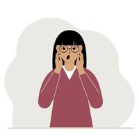 The unhappy woman screams, clutching his head with his hands. Emotions and body language concept. Stress, tension and migraine concept. Vector flat illustration