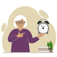 Modern concept of time management illustration. A smiling grandmother holds an alarm clock in his hand and the second points to it. Vector flat illustration