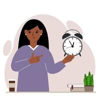 Modern concept of time management illustration. A sad woman holds an alarm clock in his hand and the second points to it. Vector flat illustration