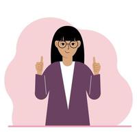Joyful woman, with two hands shows a thumbs up sign everything is okay. Make, consent, approval, success. Vector flat illustration