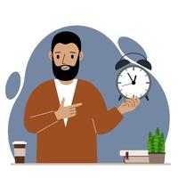 Modern concept of time management illustration. A smiling man holds an alarm clock in his hand and the second points to it. Vector flat illustration