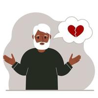 Sad grandfather thinks about love. In a balloon of thought, a red broken heart. The concept of parting and not shared love. Vector flat illustration