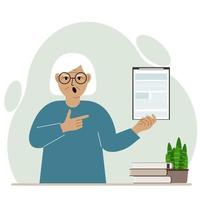 Screaming grandmother with open mouth holding a clipboard with a document and points his finger at it. Vector flat illustration