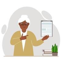 Contented grandmother holding a clipboard with a document and points his finger at it. Vector flat illustration