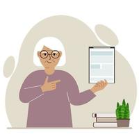 Contented grandmother holding a clipboard with a document and points his finger at it. Vector flat illustration