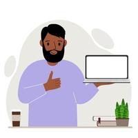 A man holds a laptop computer on his hand and shows a thumbs up sign. Laptop computer technology concept. Vector flat illustration.