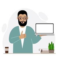 A man holds a laptop computer on his hand and shows a thumbs up sign. Laptop computer technology concept. Vector flat illustration.