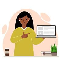 Sad woman holding a laptop computer with one hand and pointing at it with the other. Laptop computer technology concept. Vector flat illustration