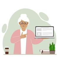 Sad grandmother holding a laptop computer with one hand and pointing at it with the other. Laptop computer technology concept. Vector flat illustration