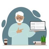 abuelo feliz sosteniendo una computadora portátil con una mano y señalándola con la otra. concepto de tecnología de computadora portátil. ilustración plana vectorial vector