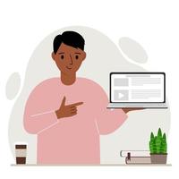 Happy man holding a laptop computer with one hand and pointing at it with the other. Laptop computer technology concept. Vector flat illustration