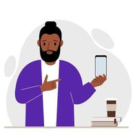 A sad man holds a mobile phone in one hand and points at it with the index finger of his other hand. Vector flat illustration