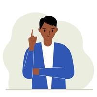 Happy man holding his index finger up. Vector flat illustration