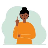mujer gritando levantando su dedo índice. ilustración plana vectorial vector