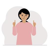 mujer alegre, con dos manos muestra un pulgar hacia arriba que todo está bien. hacer, consentimiento, aprobación, éxito. ilustración plana vectorial vector