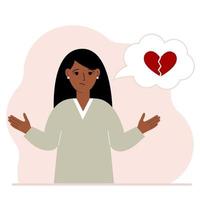 Sad woman thinks about love. In a balloon of thought, a red broken heart. The concept of parting and not shared love. Vector flat illustration