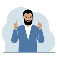 Joyful man, with two hands shows a thumbs up sign everything is okay. Make, consent, approval, success. Vector flat illustration