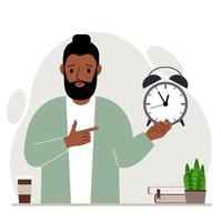 Modern concept of time management illustration. A sad man holds an alarm clock in his hand and the second points to it. Vector flat illustration