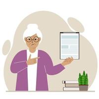 Sad grandmother holding a clipboard with a document and points his finger at it. Vector flat illustration